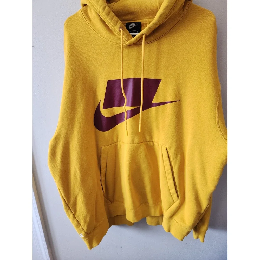 Nike Hoodie Mustard Yellow Burgundy Big Swoosh Pullover Hoodie – Men's XL